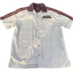 Men's Harley Davidson Shirt Medium Short Sleeve Button Down Embroidered Brown